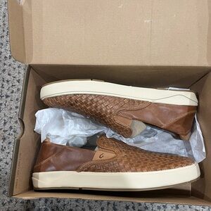 OluKai Tan Woven Leather Slip-Ons